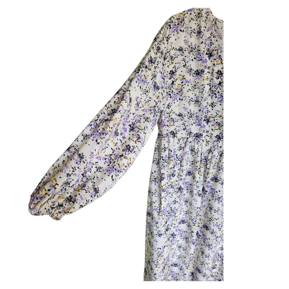 Minimum Floral Long Sleeve Mini Dress Cream Purple V Neck Relaxed Fit Viscose - Picture 8 of 12